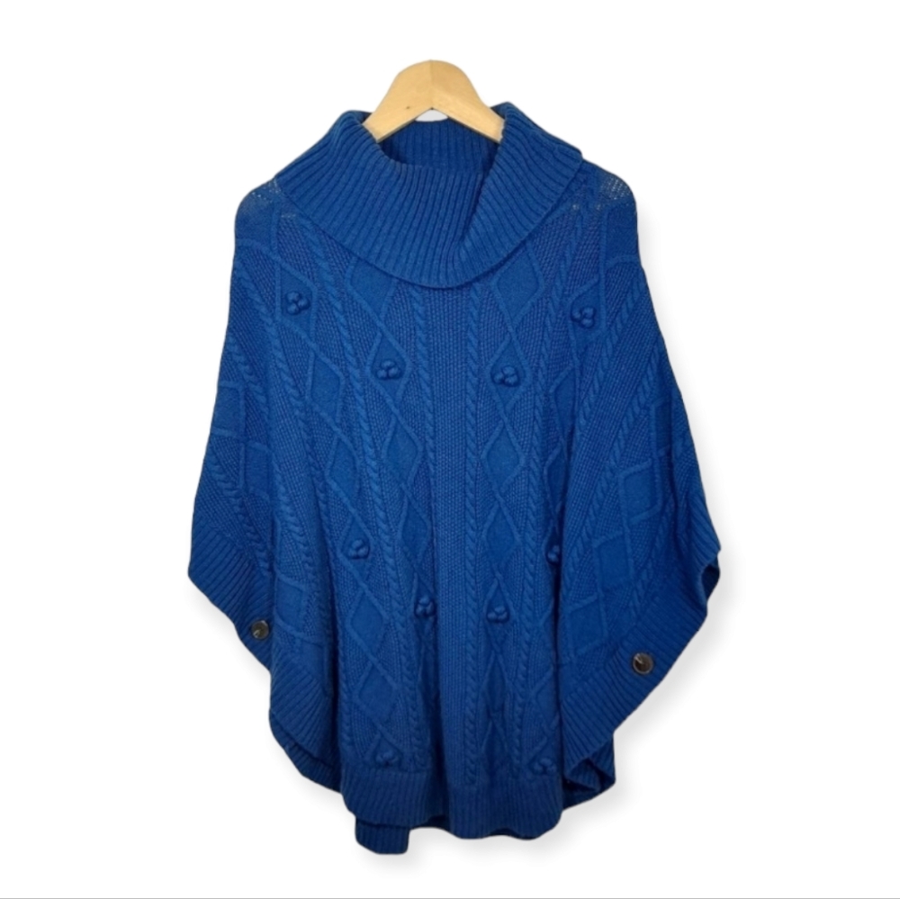 Talbots Wool Blend Cable Knit Cowl Neck Poncho Cape Teal Blue Oversized XS